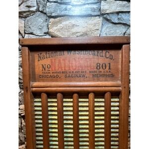 VTG Antique 1920's Wooden Wood Brass Metal NATIONAL WASHBOARD CO Brass King #801